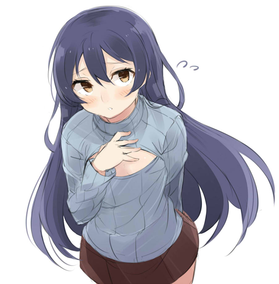 1girl bangs blue_hair blush breast_cutout commentary_request from_above hair_between_eyes hand_on_own_chest long_hair looking_at_viewer love_live! love_live!_school_idol_project parted_lips simple_background solo sonoda_umi sweater totoki86 white_background yellow_eyes