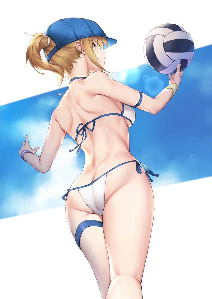 1girl ahoge artoria_pendragon_(all) ass ball baseball_cap bikini blonde_hair blue_eyes blue_headwear breasts butt_crack clouds cloudy_sky commentary fate/grand_order fate_(series) from_behind hair_between_eyes hair_through_headwear hat holding holding_ball medium_breasts mysterious_heroine_xx_(foreigner) parfaitlate ponytail side-tie_bikini sideboob sidelocks sky swimsuit thigh_strap volleyball white_background white_bikini wristband