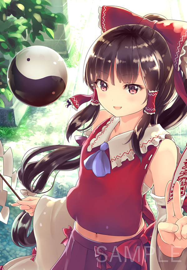1girl :d ascot bangs black_hair blue_neckwear blush bow commentary_request cowboy_shot culter detached_sleeves eyebrows_visible_through_hair frilled_bow frilled_shirt_collar frills gohei hair_bow hair_tubes hakurei_reimu holding long_hair long_sleeves looking_at_viewer low-tied_long_hair midriff_peek navel ofuda open_mouth outdoors plant ponytail red_bow red_eyes red_skirt sample sarashi sidelocks skirt skirt_set smile solo standing touhou very_long_hair watermark white_bow wide_sleeves yin_yang
