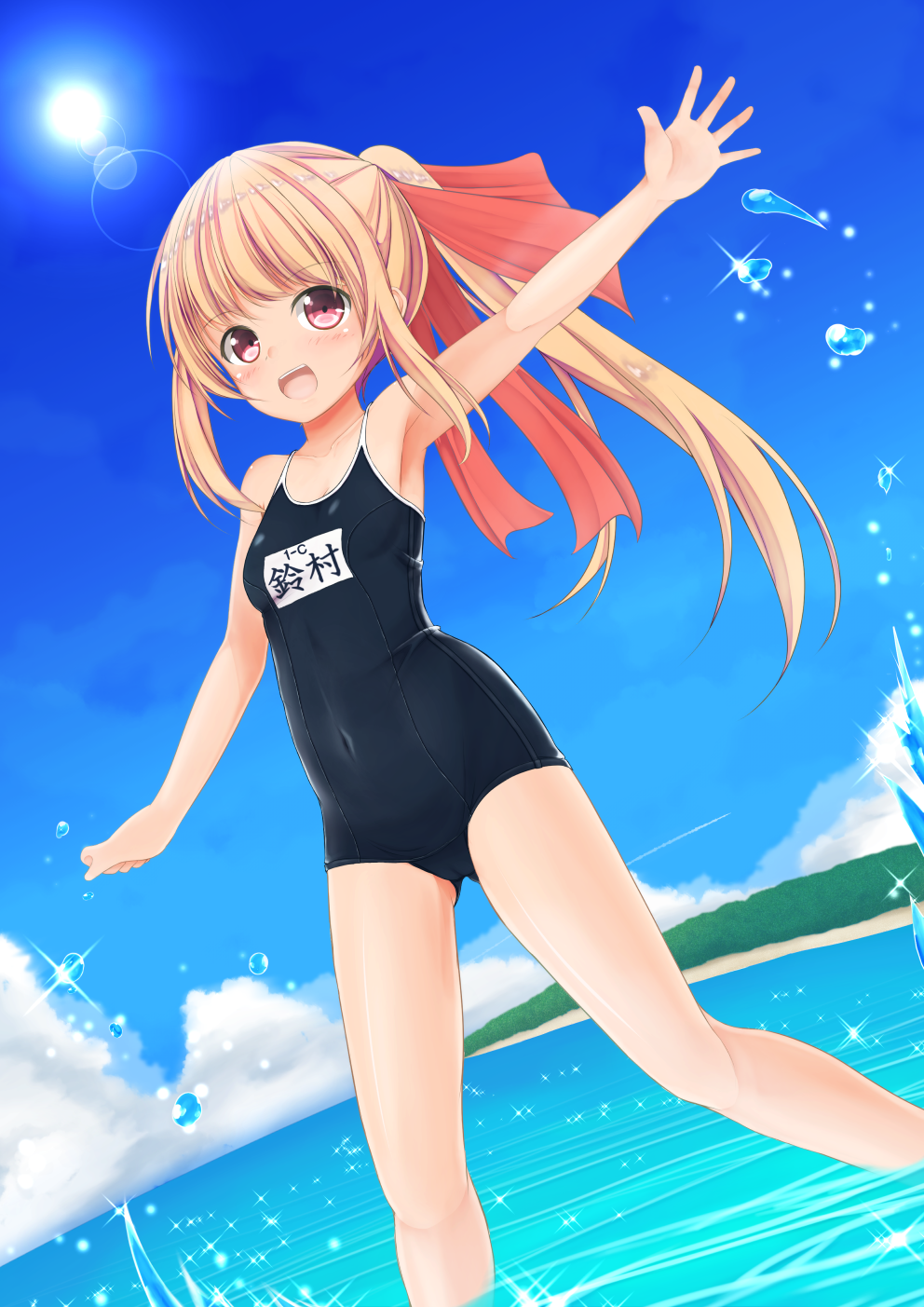 1girl arm_up armpits ass_visible_through_thighs beach brown_hair clouds covered_navel highres legs long_hair ocean open_mouth original outdoors outstretched_arms ponytail red_eyes ribbon school_swimsuit sky smile solo sun swimsuit wading