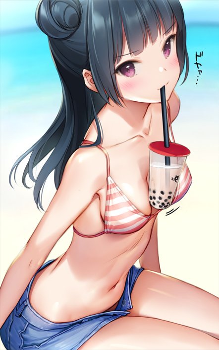 1girl bangs beach between_breasts bikini_top blue_hair blunt_bangs blush breasts bubble_tea bubble_tea_challenge collarbone commentary_request cup day denim denim_shorts disposable_cup drink drinking drinking_straw eyebrows_visible_through_hair eyes_visible_through_hair hair_bun leaning_forward long_hair looking_at_viewer love_live! love_live!_sunshine!! medium_breasts meme mignon navel object_on_breast ocean open_clothes open_fly open_shorts outdoors sand shiny shiny_skin shorts side_bun sideboob sitting sky solo stomach strap_gap string_bikini striped_bikini_top translated tsushima_yoshiko unbuttoned violet_eyes