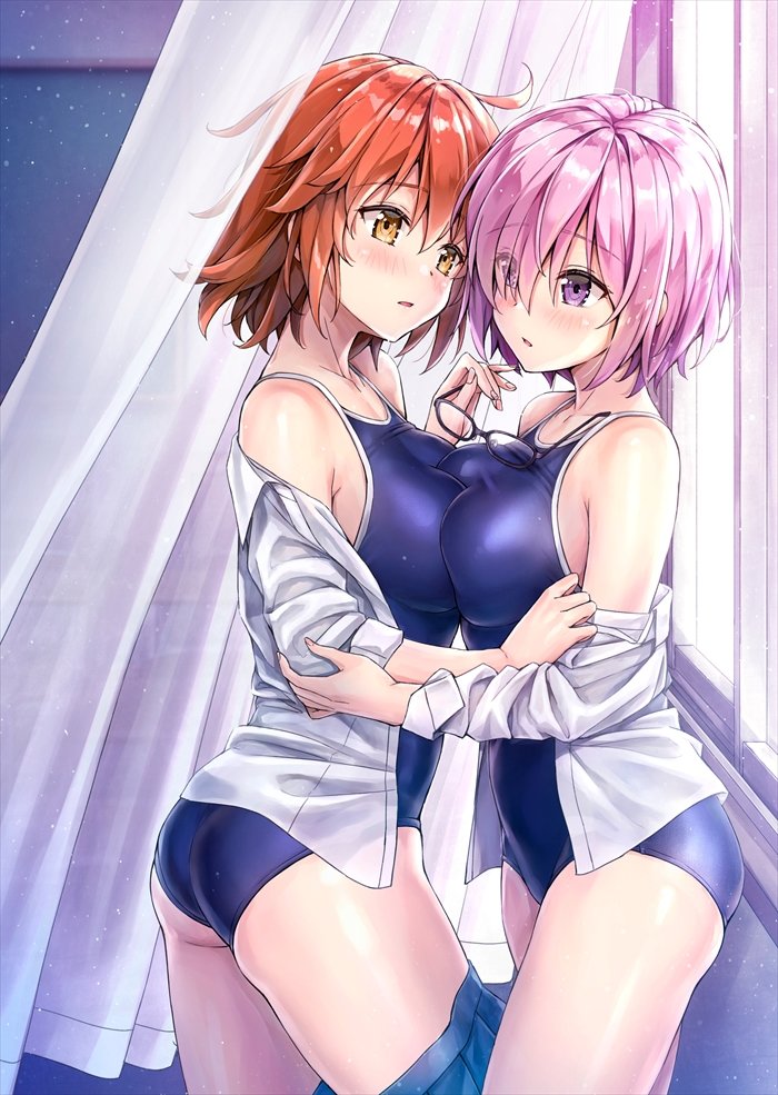2girls ahoge ass asymmetrical_docking bangs bare_shoulders black-framed_eyewear blue_skirt blue_swimsuit blush breast_press breasts brown_eyes commentary_request competition_school_swimsuit curtains dust_particles eyebrows_visible_through_hair eyes_visible_through_hair eyewear_removed fate/grand_order fate_(series) from_side fujimaru_ritsuka_(female) glasses hair_between_eyes hair_over_one_eye holding holding_eyewear indoors kotatsu_(kotatsu358) large_breasts long_sleeves mash_kyrielight multiple_girls off_shoulder one-piece_swimsuit open_clothes open_shirt orange_hair parted_lips pink_hair shirt short_hair skindentation skirt skirt_pull swimsuit thighs violet_eyes white_shirt window yuri