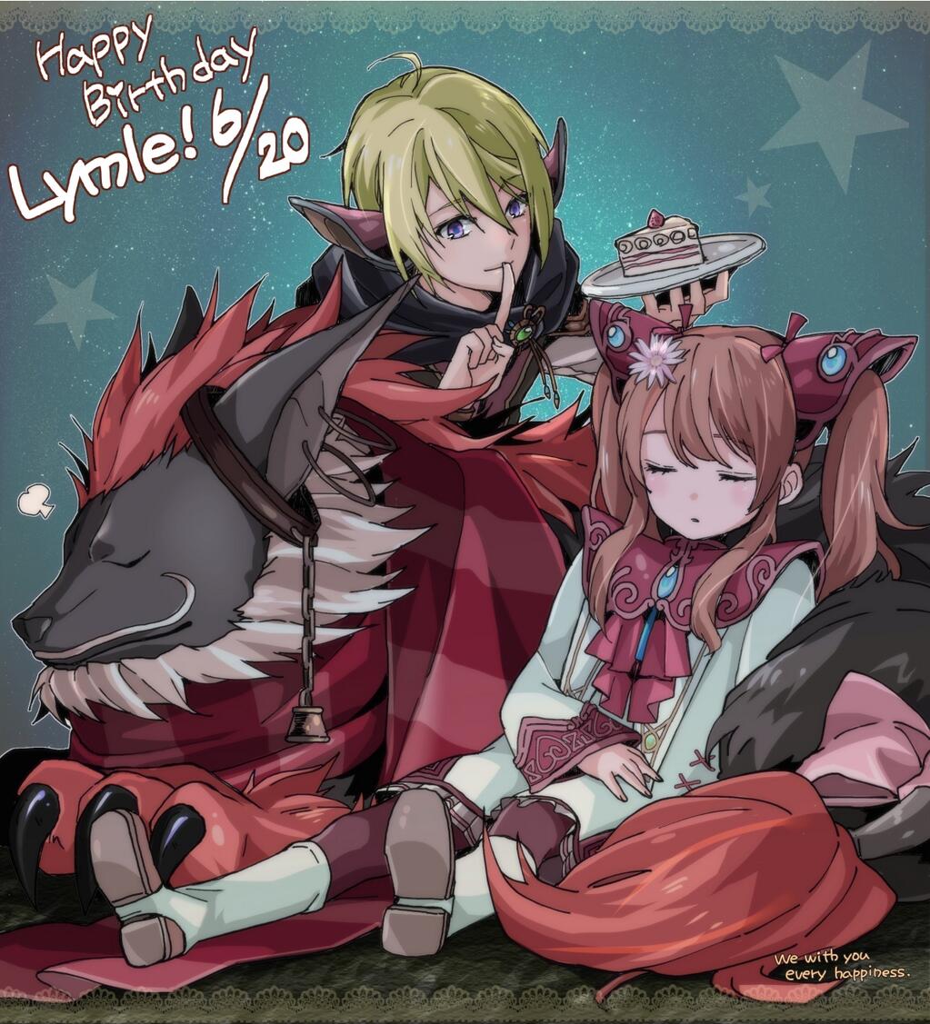 1boy 1girl brown_hair cake closed_mouth coma_(macaron) dress ear_covers faize_scheifa_beleth food green_hair long_hair lymle_lemuri_phi open_mouth pantyhose pointy_ears sleeping star_ocean star_ocean_the_last_hope twintails violet_eyes