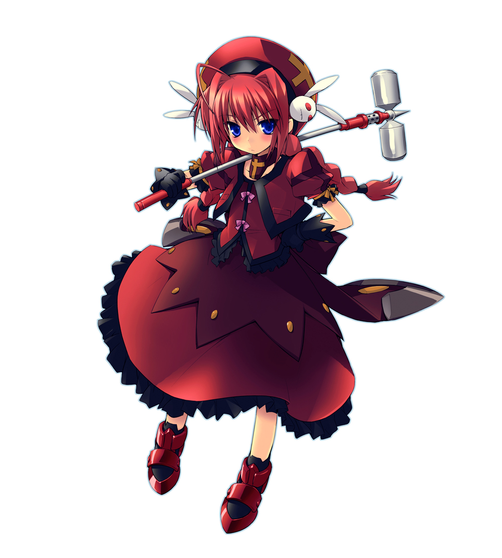 1girl blush braid closed_mouth dress frown gotou_nao graf_eisen hammer hat holding holding_weapon looking_at_viewer lyrical_nanoha magical_girl red_dress red_footwear red_headwear redhead shoes simple_background solo standing twin_braids twintails vita weapon white_background