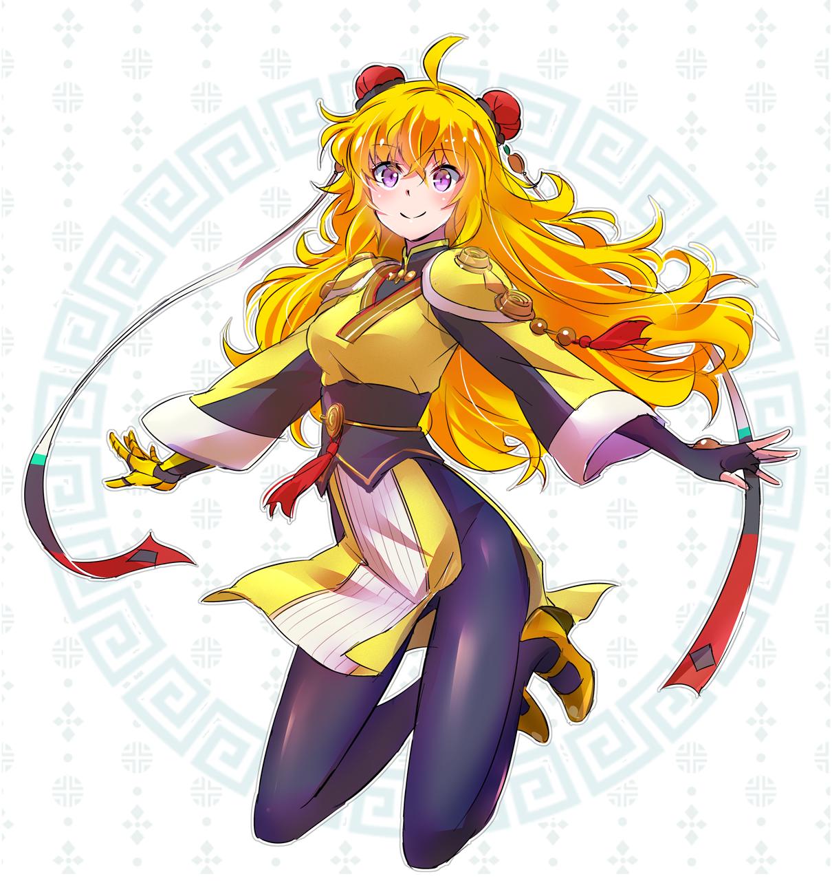 1girl blonde_hair bodysuit bodysuit_under_clothes breasts double_bun high_heels highres iesupa large_breasts long_hair pelvic_curtain prosthesis prosthetic_arm rwby solo violet_eyes wavy_hair yang_xiao_long