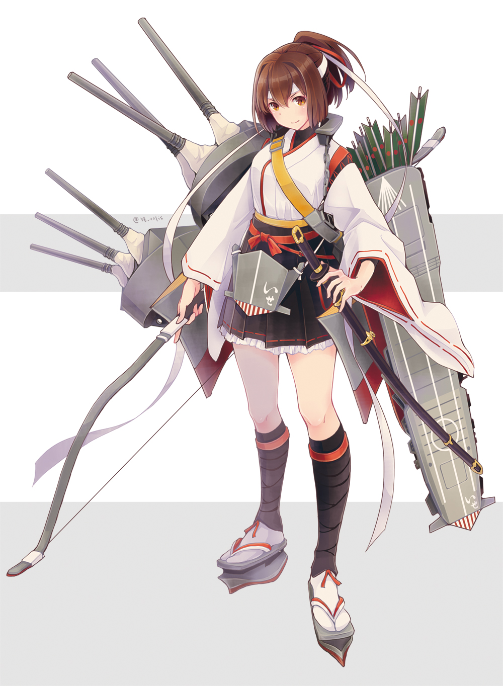 1girl arrow black_legwear black_skirt bow_(weapon) brown_eyes brown_hair brown_hakama cannon close-up colis commentary_request flight_deck frilled_skirt frills full_body hachimaki hair_ribbon hakama headband highres holding holding_weapon ise_(kantai_collection) japanese_clothes kantai_collection katana kneehighs long_sleeves looking_at_viewer machinery nontraditional_miko pleated_skirt ponytail remodel_(kantai_collection) ribbon sandals sheath sheathed short_hair sidelighting skin_tight skirt smug solo standing sword turret undershirt underskirt weapon white_background