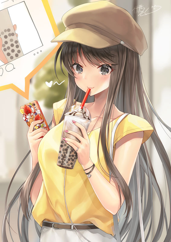 1girl bangs belt belt_buckle blurry blurry_background blush breasts brown_belt brown_hair brown_headwear bubble_tea buckle cabbie_hat cellphone closed_mouth collarbone commentary_request cup depth_of_field disposable_cup drinking_straw eyebrows_visible_through_hair grey_eyes hat heart holding holding_cellphone holding_cup holding_phone kagachi_saku long_hair medium_breasts original phone shirt sidelocks signature skirt smile solo very_long_hair white_skirt yellow_shirt