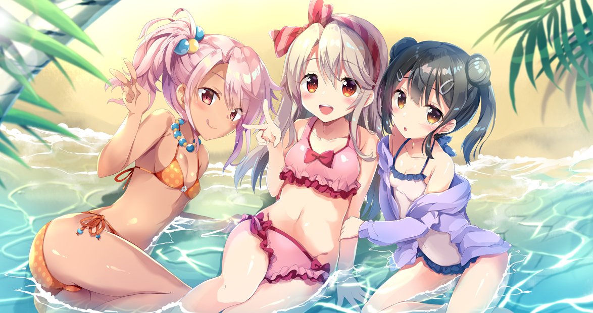 3girls :d :o ass beach bikini black_hair blush breasts chloe_von_einzbern cowboy_shot dark_skin double_bun eyebrows_visible_through_hair fate/kaleid_liner_prisma_illya fate_(series) frilled_bikini frills illyasviel_von_einzbern leaf long_hair looking_at_viewer lying maruchan. miyu_edelfelt multiple_girls on_side one_side_up open_mouth orange_bikini orange_eyes pink_bikini pink_hair polka_dot polka_dot_bikini red_eyes sand short_hair side-tie_bikini silver_hair sitting small_breasts smile swimsuit twintails upper_teeth v water waves white_swimsuit yellow_eyes