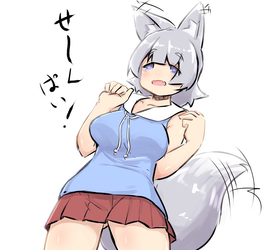 1girl afterimage animal_ears ass_visible_through_thighs bangs bare_arms bare_shoulders blue_eyes blue_shirt breasts collarbone commentary_request ear_wiggle eyebrows_visible_through_hair fang fox_ears fox_girl fox_tail grey_hair hands_up large_breasts open_mouth original pleated_skirt red_skirt shirt short_hair simple_background skirt sleeveless sleeveless_shirt solo tail tail_wagging thick_eyebrows translation_request u-non_(annon'an) white_background