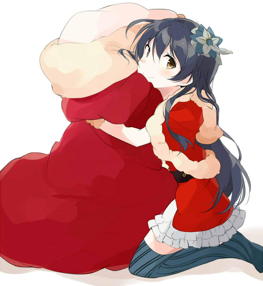 1girl bangs blue_hair blush capelet christmas commentary_request dress flower fur_trim gloves hair_between_eyes hair_flower hair_ornament hug kneeling long_hair looking_at_viewer love_live! love_live!_school_idol_festival love_live!_school_idol_project red_dress sack santa_costume simple_background smile solo sonoda_umi thigh-highs totoki86 white_background yellow_eyes