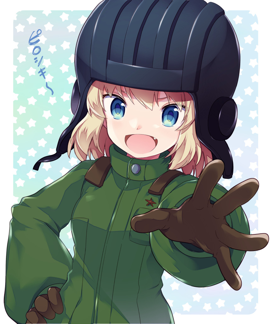 bangs blonde_hair blue_eyes fang girls_und_panzer gloves green_jumpsuit helmet jumpsuit katyusha long_sleeves looking_at_viewer miyano_ururu open_mouth short_hair smile star starry_background