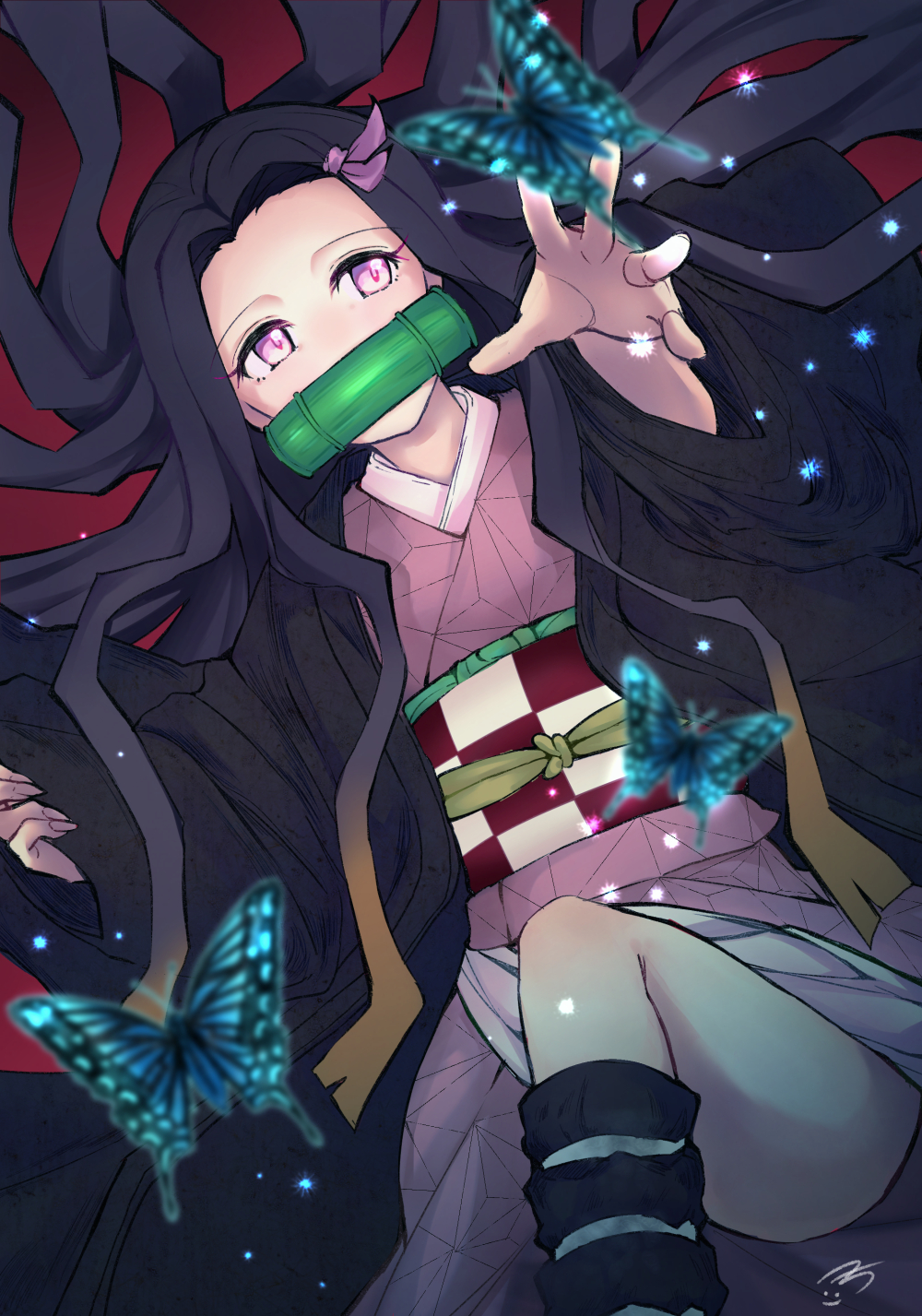 1girl bamboo black_footwear black_hair bug butterfly checkered_obi fingernails from_above gag hair_ribbon hair_spread_out hanten_(clothes) hetchhog_tw highres insect japanese_clothes kamado_nezuko kimetsu_no_yaiba kimono knee_up leg_lift light_particles long_hair looking_away looking_up lying obi on_back pink_hair reaching red_background ribbon sash sidelocks simple_background solo very_long_hair