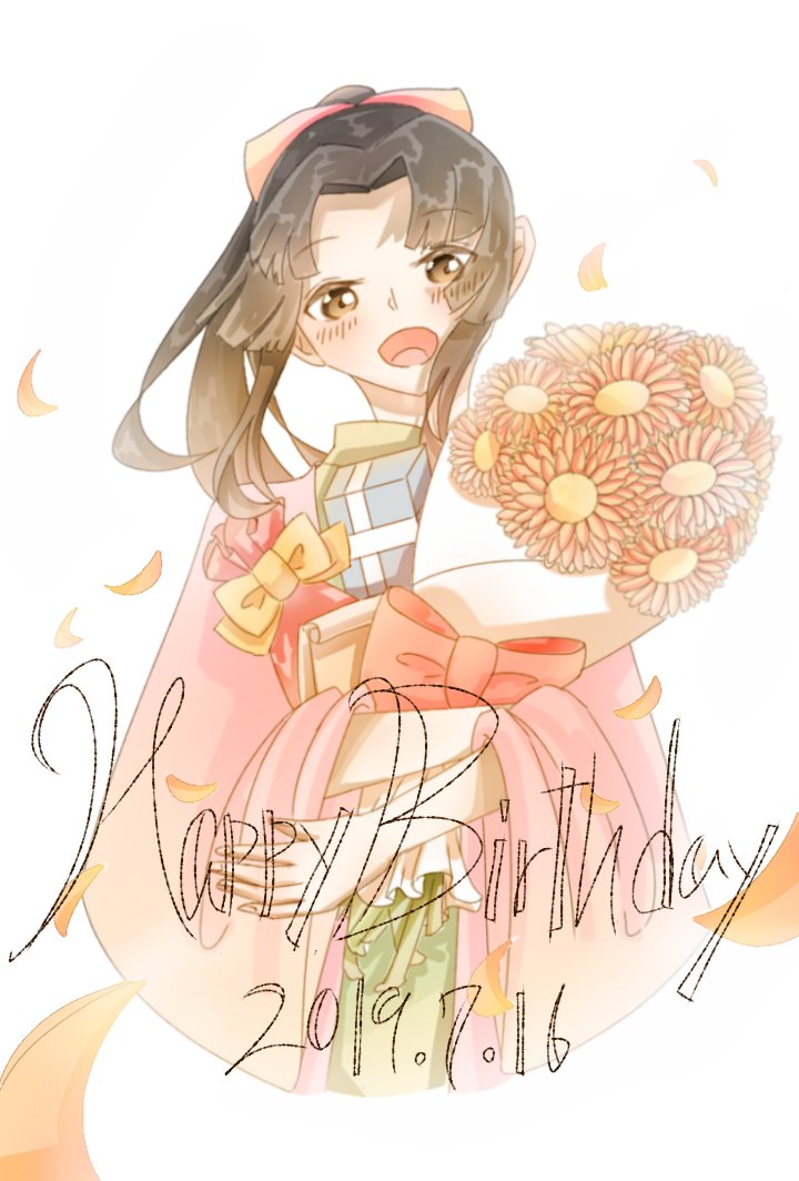 1girl bangs birthday black_hair blunt_bangs blush bouquet bow box brown_eyes commentary_request dated eyebrows_visible_through_hair facing_viewer flower gift gift_box gintama hair_bow haori happy_birthday high_ponytail holding holding_bouquet holding_gift japanese_clothes kimono long_hair open_mouth pir6lfiv60njhos simple_background solo tokugawa_soyo white_background wide_sleeves