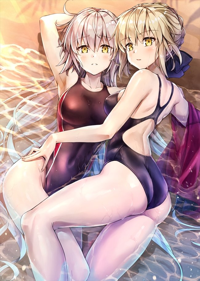 2girls artoria_pendragon_(all) ass beach black_bow black_swimsuit blonde_hair bow braid breasts commentary_request competition_swimsuit covered_navel cowboy_shot crown_braid fate/grand_order fate/stay_night fate_(series) female_ass hair_bow jeanne_d'arc_(alter)_(fate) jeanne_d'arc_(fate)_(all) kotatsu_(kotatsu358) large_breasts long_hair looking_at_viewer lying multiple_girls one-piece_swimsuit saber_alter sand silver_hair swimsuit water waves yellow_eyes