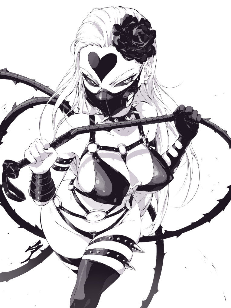 1girl aetherion black_flower black_rose black_sclera bondage_outfit breasts collar dominatrix face_mask flower groin hair_flower hair_ornament half-closed_eyes heart holding_whip kaijin_hime_do-s large_breasts long_hair mask monochrome o-ring o-ring_bikini one-punch_man rose simple_background solo spiked_collar spikes thigh-highs whip white_background