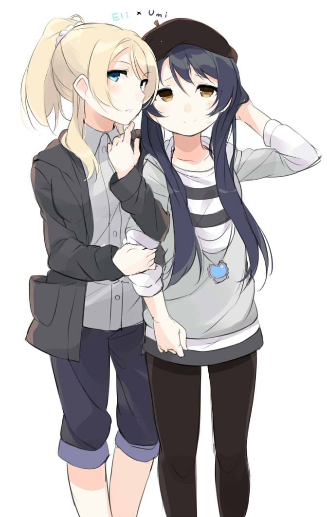 2girls arm_grab ayase_eli bangs blonde_hair blue_eyes blue_hair blush commentary_request hair_between_eyes hand_in_hair hat long_hair long_sleeves looking_at_viewer love_live! love_live!_school_idol_project multiple_girls ponytail scrunchie simple_background smile sonoda_umi standing totoki86 twintails white_background white_scrunchie yellow_eyes