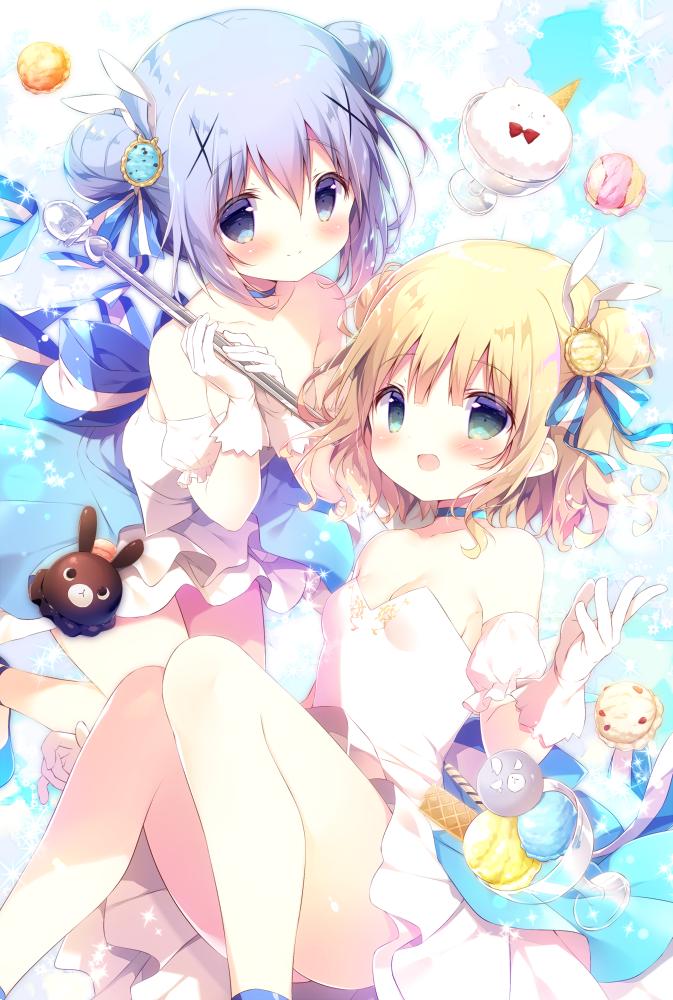 :d anko_(gochiusa) bangs bare_shoulders blonde_hair blue_eyes blue_footwear blue_hair blush bow bowtie breasts closed_mouth commentary_request detached_sleeves double_bun dress eyebrows_visible_through_hair feet_out_of_frame food gloves gochuumon_wa_usagi_desu_ka? green_eyes hair_between_eyes hair_bow hand_up holding ice_cream ice_cream_cone kafuu_chino kirima_sharo open_mouth puffy_short_sleeves puffy_sleeves red_neckwear shiratama_(shiratamaco) shoes short_sleeves sidelocks small_breasts smile strapless strapless_dress striped striped_bow tippy_(gochiusa) triple_scoop wafer_stick white_dress white_gloves white_sleeves wild_geese