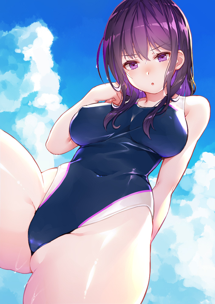 1girl black_hair black_swimsuit blue_sky breasts clouds collarbone commentary_request competition_swimsuit cowboy_shot day highleg highleg_swimsuit kibanda_gohan long_hair medium_breasts one-piece_swimsuit original outdoors sky solo swimsuit violet_eyes