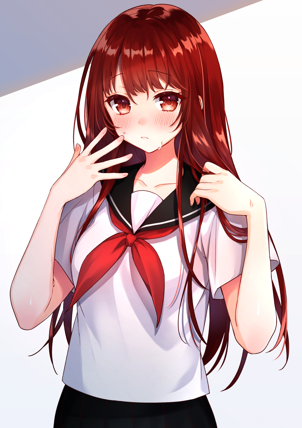 1girl akariko bangs black_skirt blush closed_mouth collarbone commentary_request eyebrows_visible_through_hair fanning_face fingernails gradient gradient_background grey_background hair_between_eyes hands_up highres long_hair looking_at_viewer neckerchief original red_eyes red_neckwear redhead school_uniform serafuku shiny shiny_hair short_sleeves skirt solo standing sweat white_background