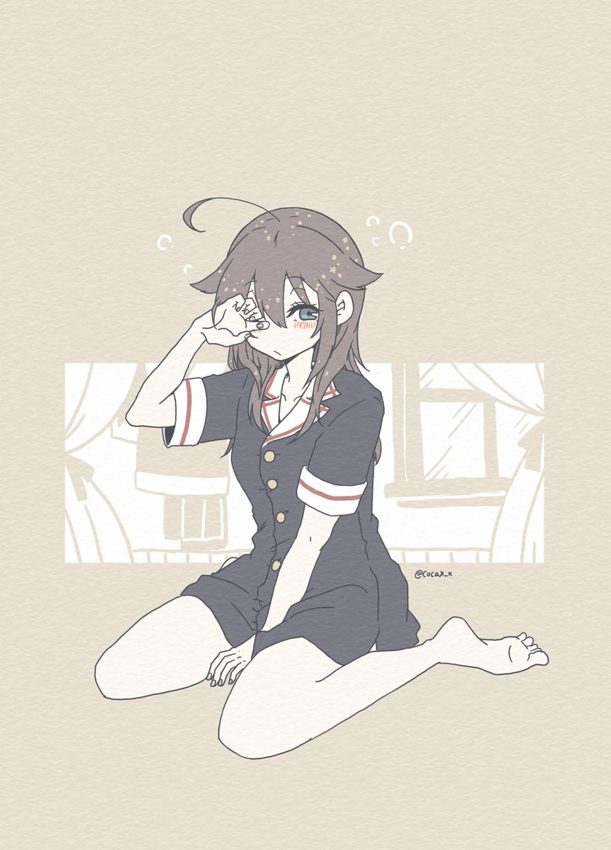 ahoge bad_feet blue_eyes blush bottomless cocax_x hair_flaps highres kantai_collection rubbing_eyes school_uniform serafuku shigure_(kantai_collection) sleepy