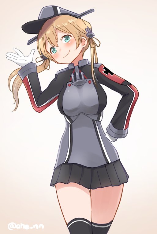 1girl ahenn anchor_hair_ornament black_skirt blonde_hair commentary_request cowboy_shot gloves green_eyes hair_ornament hat iron_cross kantai_collection looking_at_viewer low_twintails microskirt military military_hat military_uniform peaked_cap prinz_eugen_(kantai_collection) simple_background skirt smile solo standing twintails twitter_username uniform white_background white_gloves