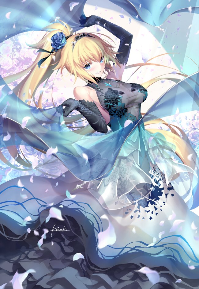 1girl bangs bare_shoulders blonde_hair blue_dres blue_eyes blue_flower blue_gloves blue_rose blush breasts craft_essence dress elbow_gloves eyebrows_visible_through_hair fate/apocrypha fate_(series) floating_hair flower gloves holding jeanne_d'arc_(fate) jeanne_d'arc_(fate)_(all) jewelry kousaki_rui large_breasts layered_dress long_hair looking_at_viewer necklace ponytail rose see-through shawl sleeveless sleeveless_dress smile solo tiara very_long_hair wind