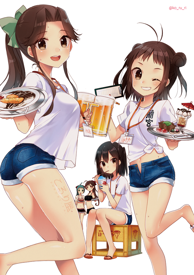 5girls alcohol alternate_costume antenna_hair aqua_hair ass bangs bare_legs bare_shoulders beer beer_mug bikini blush breasts brown_eyes brown_hair closed_mouth clothes_writing collarbone commentary_request cup denim denim_shorts dessert double_bun eating eyebrows_visible_through_hair flip-flops food grin hair_between_eyes hair_intakes hair_ribbon half_updo holding holding_cup holding_pen holding_tray irako_(kantai_collection) jacket jintsuu_(kantai_collection) kantai_collection koruri lanyard large_breasts leg_up long_hair looking_at_viewer mamiya_(kantai_collection) medium_breasts midriff multiple_girls naka_(kantai_collection) navel one_eye_closed open_fly open_mouth parfait pen ponytail red_eyes ribbon sandals see-through_silhouette sendai_(kantai_collection) shaved_ice shirt shirt_overhang short_shorts shorts shrimp shrimp_tempura simple_background sitting smile standing sweat swimsuit swimsuit_under_clothes t-shirt tempura tied_shirt tray twitter_username two_side_up white_background white_shirt