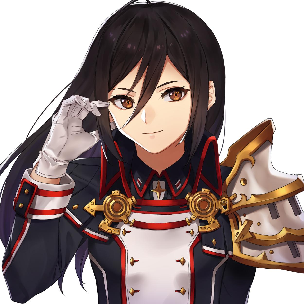 1girl alternate_hairstyle brown_eyes gloves hair_down hand_up highres kamu_(kamuuei) long_hair looking_at_viewer meleph_(xenoblade) military military_uniform pauldrons simple_background smile solo uniform white_background white_gloves xenoblade_(series) xenoblade_2