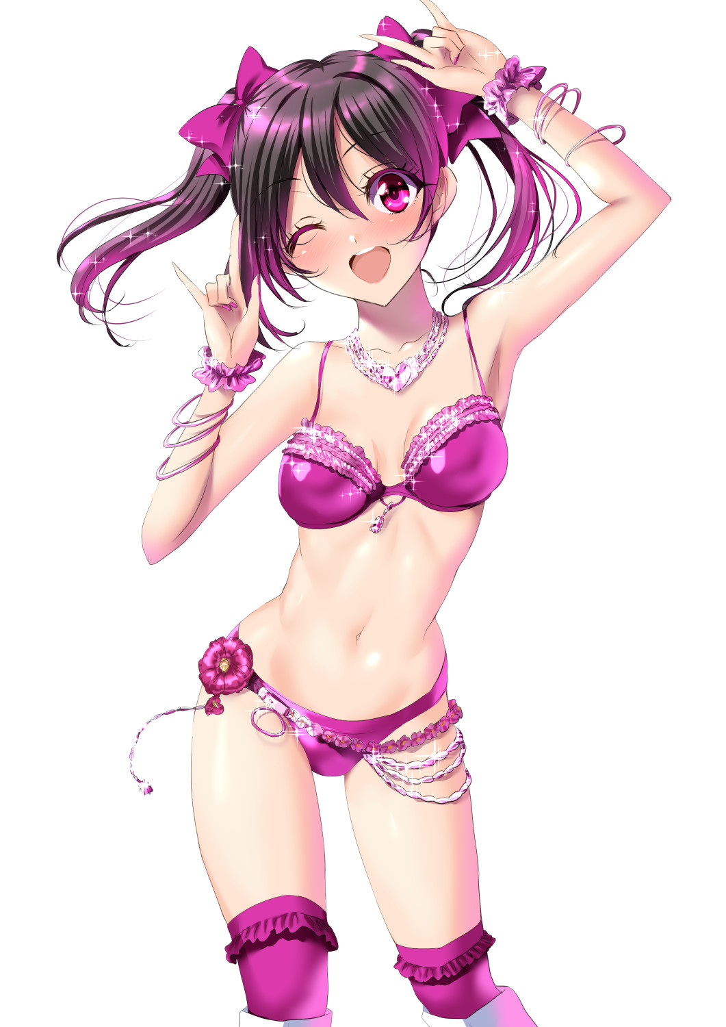 1girl \m/ bikini black_hair bow bracelet breasts collarbone contrapposto cowboy_shot frilled_legwear hair_bow highres jewelry looking_at_viewer love_live! love_live!_school_idol_project medium_breasts navel necklace nico_nico_nii one_eye_closed pink_bikini pink_legwear red_eyes sen_(sansui) shiny shiny_clothes smile solo standing swimsuit thigh-highs twintails white_background yazawa_nico
