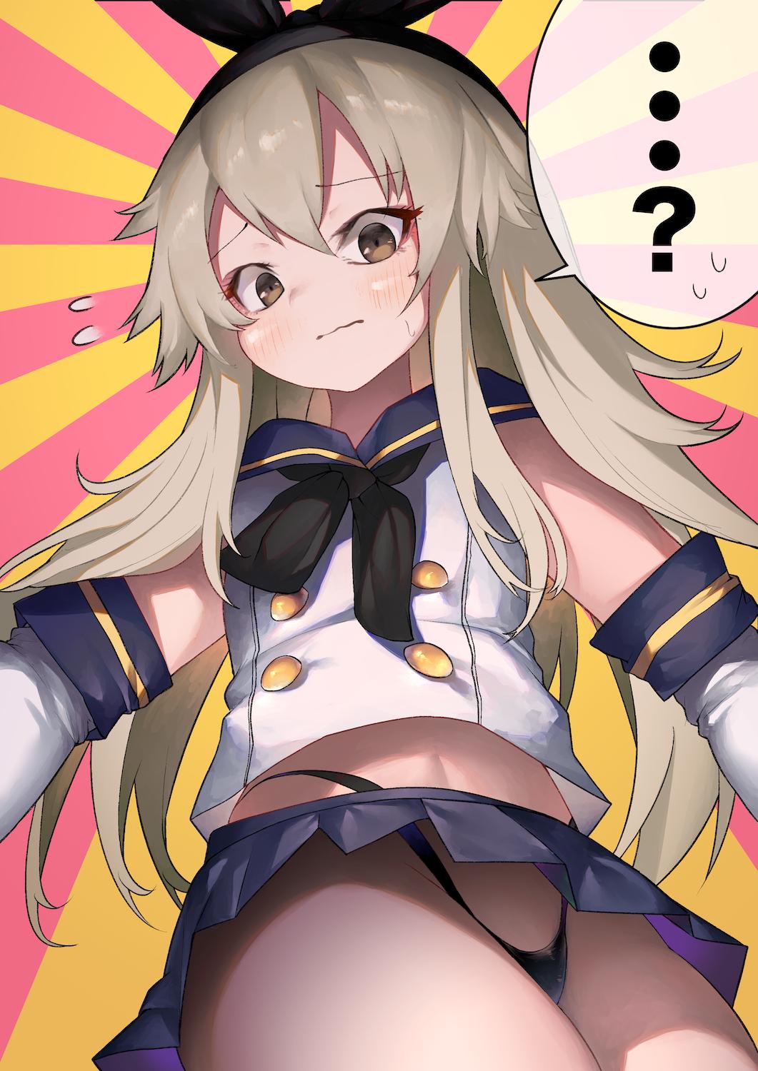 ... 1girl ? black_hairband black_panties blonde_hair blue_sailor_collar blue_skirt commentary_request cowboy_shot crop_top elbow_gloves from_below gloves grey_eyes hairband highleg highleg_panties highres kantai_collection long_hair looking_at_viewer microskirt miniskirt nichigeckoh panties pleated_skirt pout sailor_collar shimakaze_(kantai_collection) skirt solo speech_bubble sunburst sunburst_background twisted_torso underwear white_gloves