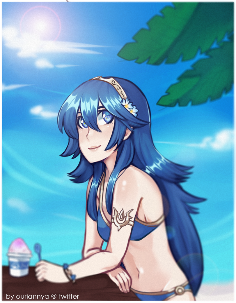 1girl beach bikini blue_bikini blue_eyes blue_hair bracelet clouds cute female_focus fire_emblem fire_emblem:_kakusei fire_emblem_heroes flower intelligent_systems lips long_hair looking_at_viewer lucina navel nintendo o-ring_bikini o-ring_bottom outdoors palm_tree princess shaved_ice shiokaraazu sky solo spoon summer super_smash_bros. swimsuit table tiara