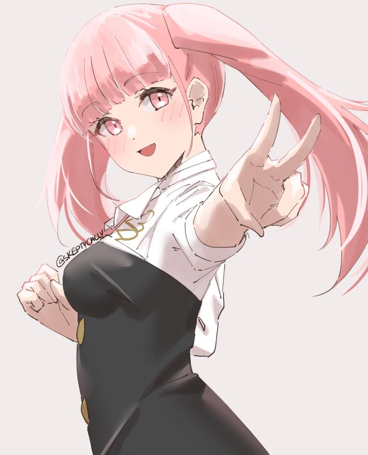 1girl bangs belt blunt_bangs colored_eyelashes fire_emblem fire_emblem:_three_houses hilda_(fire_emblem:_three_houses) long_hair long_sleeves open_mouth pink_eyes pink_hair shirt simple_background skeptycally smile solo twintails uniform v