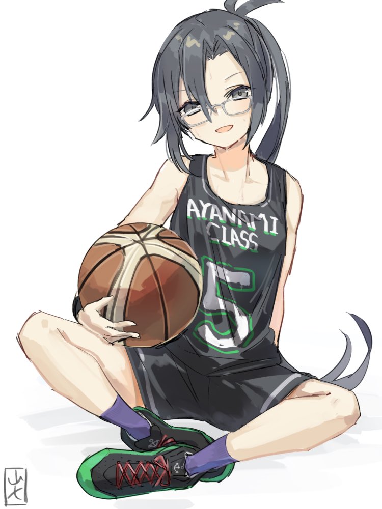 1girl alternate_costume amagiri_(kantai_collection) artist_logo asymmetrical_bangs bangs basketball basketball_uniform black_footwear black_shorts commentary_request full_body glasses grey_eyes grey_hair hair_between_eyes kantai_collection long_hair looking_at_viewer ponytail shoes shorts simple_background sitting smile sneakers solo sportswear very_long_hair white_background yamashiki_(orca_buteo)