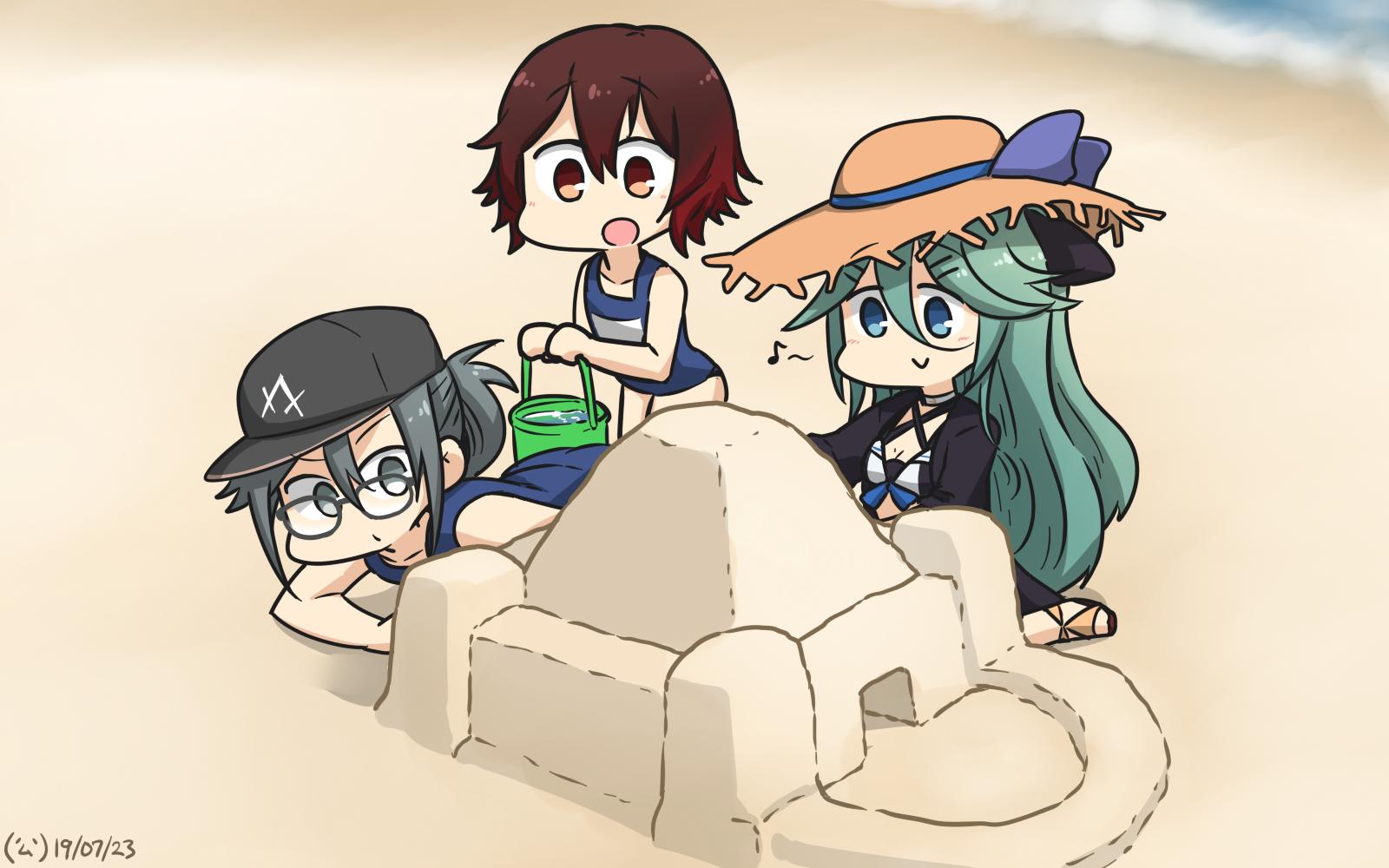 3girls adapted_costume amagiri_(kantai_collection) asymmetrical_bangs bangs baseball_cap beach bikini black_bikini black_headwear black_jacket black_ribbon blue_swimsuit brown_hair bucket commentary_request dated day glasses gradient_hair green_eyes green_hair grey_eyes grey_hair hair_between_eyes hair_ornament hair_ribbon hairclip hamu_koutarou hat highres jacket kantai_collection long_hair multicolored_hair multiple_girls mutsuki_(kantai_collection) name_tag outdoors parted_bangs ponytail redhead ribbon sand sand_castle sand_sculpture school_swimsuit short_hair sidelocks straw_hat sun_hat swimsuit very_long_hair yamakaze_(kantai_collection)