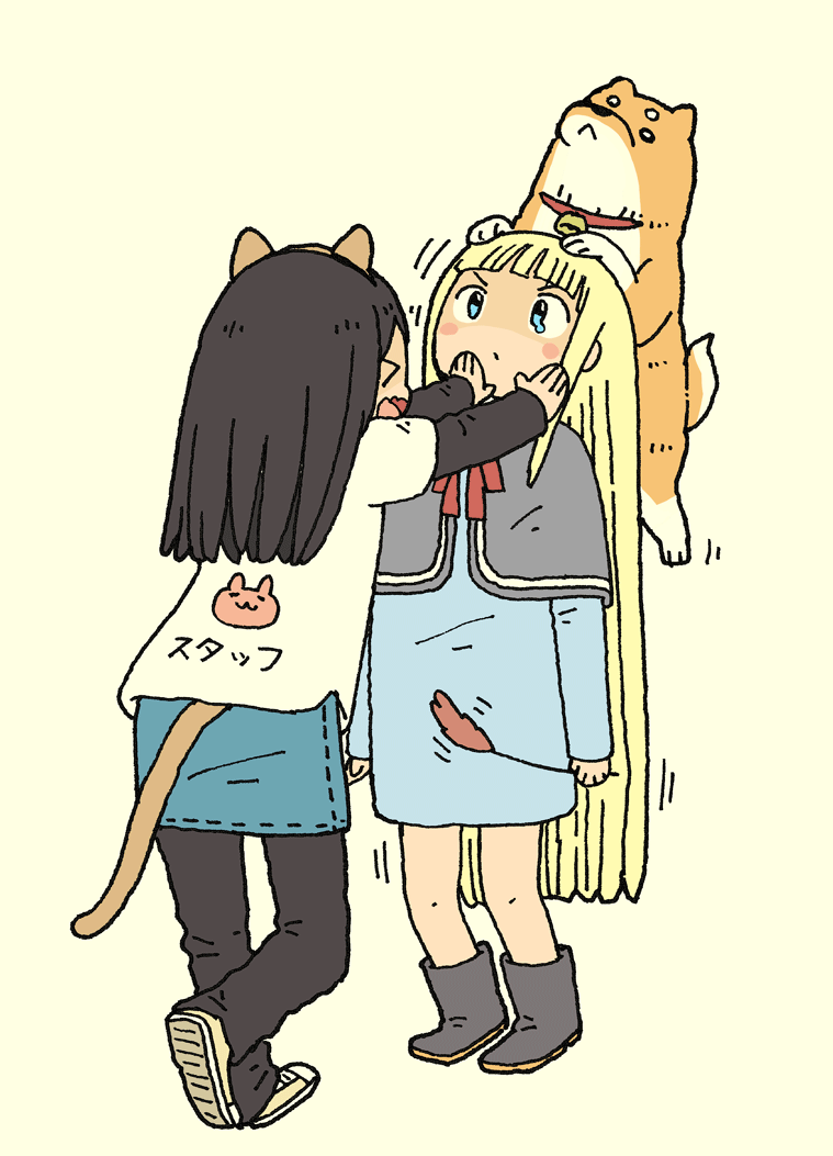 2girls animal animal_ears bangs beige_background bell black_hair black_pants blonde_hair blue_dress blue_eyes blue_skirt blunt_bangs blush_stickers boots brown_footwear cat_ears cat_girl cat_tail cattail clothes_writing commentary_request dog dress grey_capelet grey_footwear hands_on_another's_face holding long_hair long_sleeves multiple_girls open_mouth original outstretched_arms pants plant print_shirt profile shirt shoe_soles short_over_long_sleeves short_sleeves simple_background skirt sleeves_past_wrists standing standing_on_one_leg tail translated v-shaped_eyebrows very_long_hair wavy_mouth white_shirt yukimoto_shuuji_(gurigura)