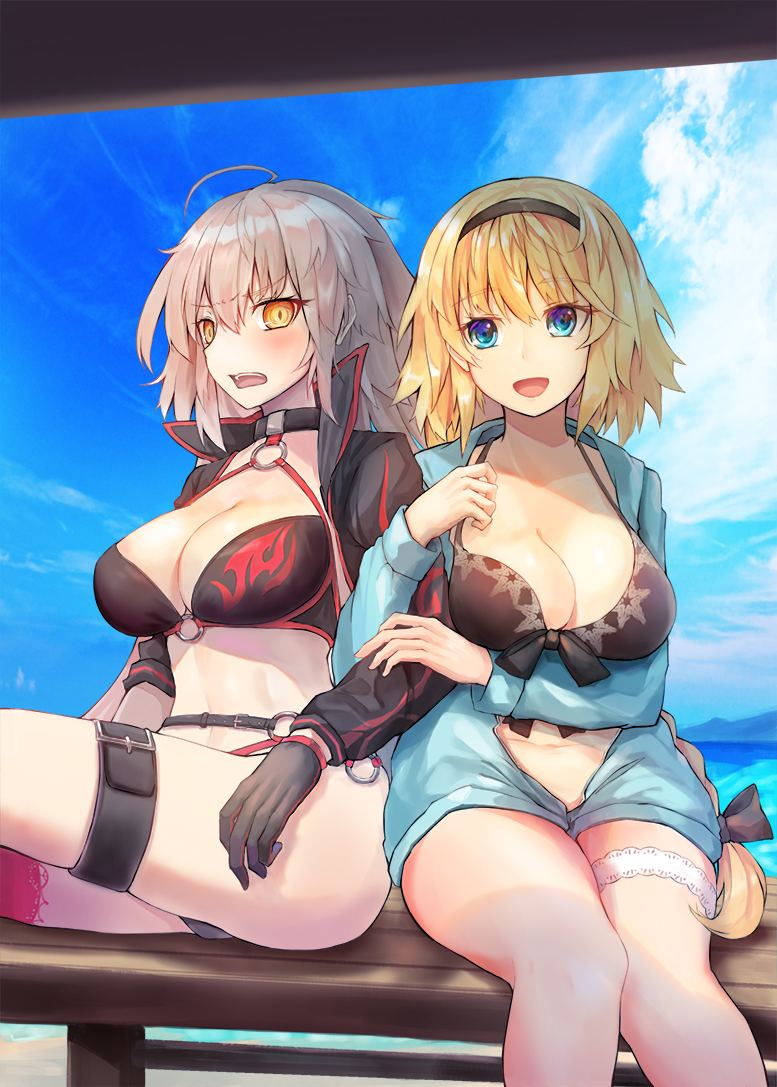 2girls ahoge bikini black_bikini black_choker black_gloves black_hairband black_jacket blonde_hair blue_eyes blue_jacket braid breasts choker cropped_jacket dying_(dying0414) fate/grand_order fate_(series) front-tie_bikini front-tie_top gloves grey_hair hairband hood hooded_jacket jacket jeanne_d'arc_(alter_swimsuit_berserker) jeanne_d'arc_(fate)_(all) jeanne_d'arc_(swimsuit_archer) large_breasts leg_garter long_braid long_hair long_sleeves multiple_girls o-ring o-ring_bikini o-ring_bottom o-ring_top open_clothes open_jacket red_legwear shrug_(clothing) single_braid single_thighhigh sitting swimsuit thigh-highs thigh_strap very_long_hair yellow_eyes