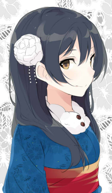 1girl bangs blue_hair blue_kimono blush commentary_request flower from_side hair_between_eyes hair_flower hair_ornament japanese_clothes kimono long_hair looking_at_viewer love_live! love_live!_school_idol_festival love_live!_school_idol_project smile solo sonoda_umi totoki86 yellow_eyes