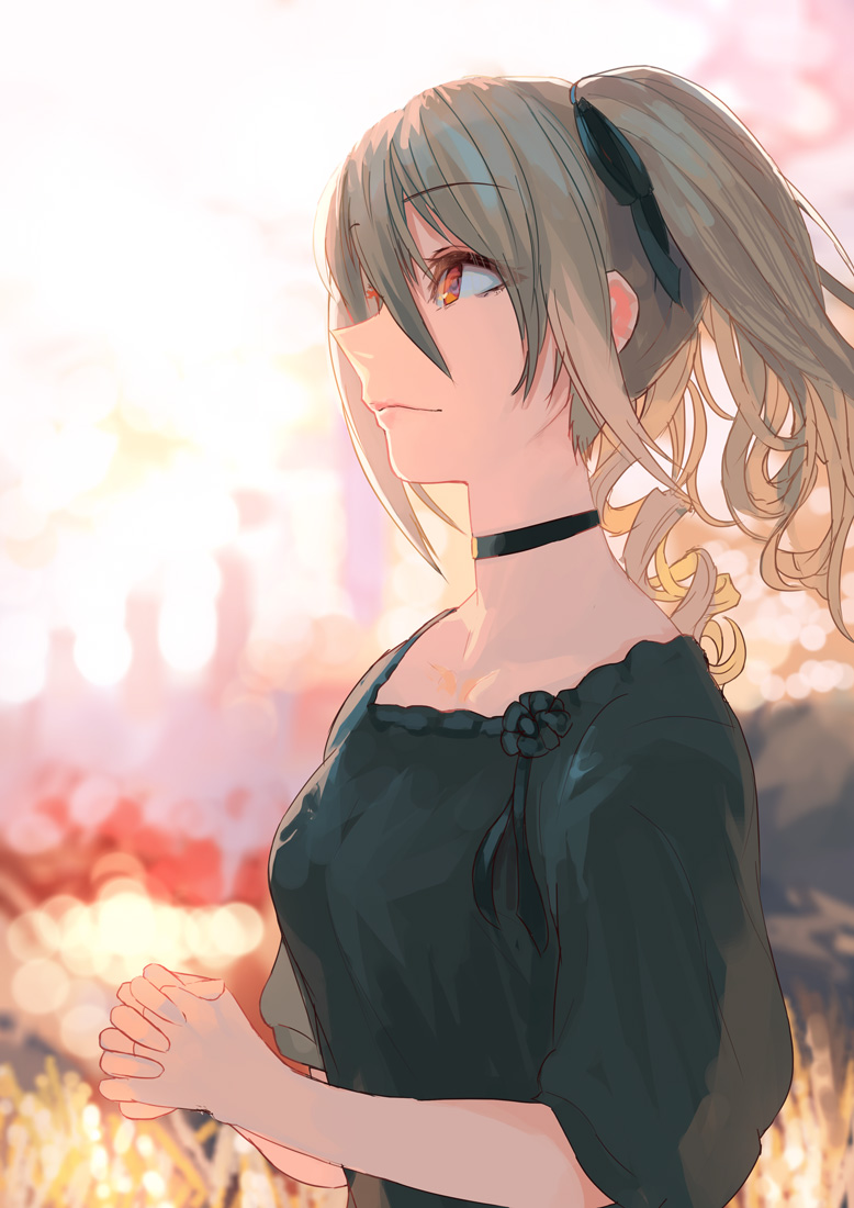 1girl black_choker black_dress black_flower blurry blurry_background breasts brown_hair choker commentary_request dress drill_hair eyebrows_visible_through_hair flower from_side hair_ornament hands_clasped idolmaster idolmaster_cinderella_girls long_hair medium_breasts own_hands_together pointy_nose red_eyes sawarakajin smile solo standing twintails