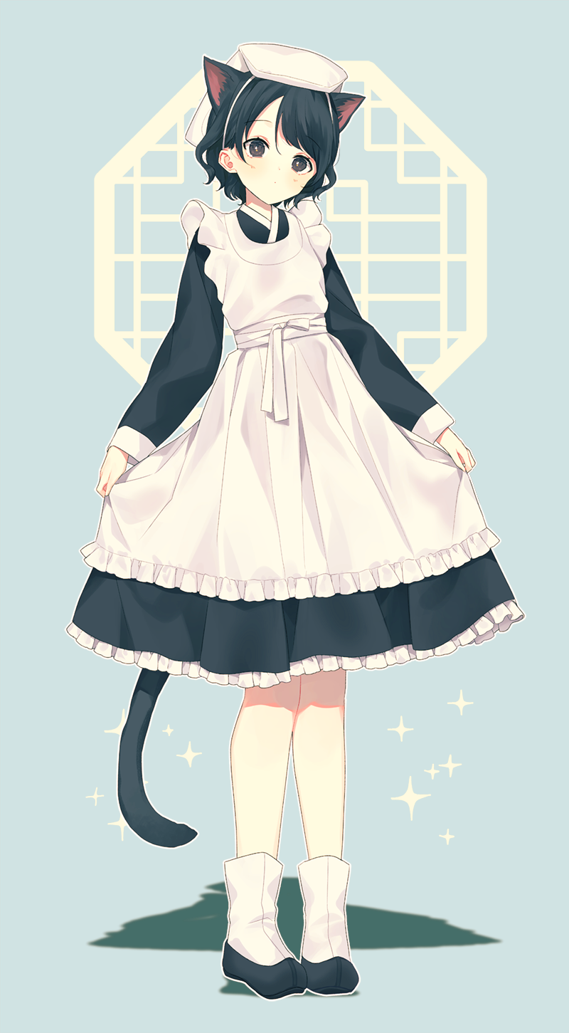 1girl animal_ears apron bangs black_dress black_eyes black_footwear black_hair blush cat_ears cat_girl cat_tail closed_mouth dress eyebrows_visible_through_hair frilled_apron frilled_dress frills full_body green_background head_tilt highres long_sleeves looking_at_viewer maid original pleated_dress shadow shoes silltare sleeves_past_wrists socks solo sparkle standing tail white_apron white_legwear