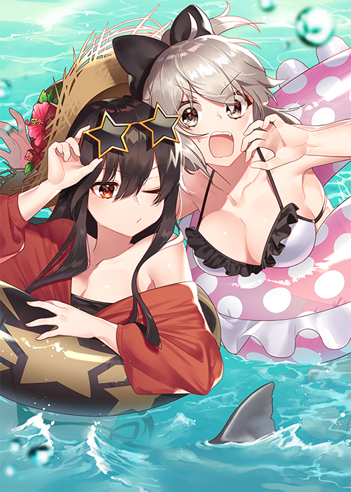 2girls bangs bikini black_bikini black_hair black_ribbon commentary_request eyebrows_visible_through_hair eyewear_on_head fate_(series) flower frilled_bikini frills hair_ribbon hat hat_flower in_water innertube koha-ace long_hair multiple_girls oda_nobunaga_(fate) okita_souji_(fate) okita_souji_(fate)_(all) omi_(tyx77pb_r2) open_mouth red_eyes ribbon shark_tail short_hair side-tie_bikini sidelocks silver_hair star-shaped_eyewear straw_hat sunglasses surprised swimming swimsuit very_long_hair water_drop white_bikini yellow_eyes