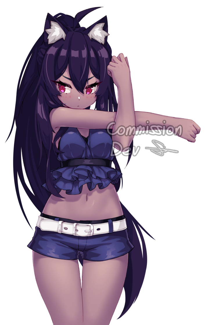 1girl animal_ear_fluff animal_ears arm_across_chest bangs bare_arms bare_shoulders belt belt_buckle black_hair blue_shorts blush breasts buckle closed_mouth commission crop_top dark_skin dev eyebrows_behind_hair hair_between_eyes high_ponytail long_hair looking_away looking_to_the_side midriff navel original ponytail red_eyes short_shorts shorts simple_background sleeveless small_breasts solo stretch thigh_gap v-shaped_eyebrows very_long_hair watermark white_background white_belt