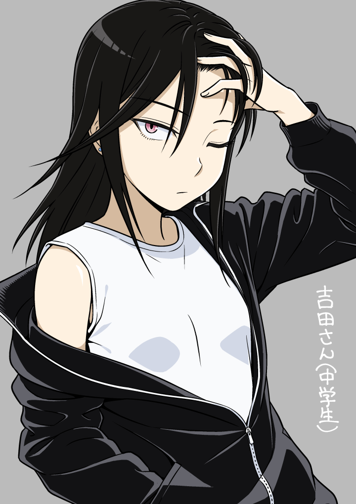 1girl bangs black_hair closed_mouth delinquent earrings holding_head ichikawa_masahiro jacket jewelry long_hair looking_at_viewer one_eye_closed red_eyes shirt simple_background sleeveless sleeveless_shirt stud_earrings track_jacket track_suit translated watashi_ga_motenai_no_wa_dou_kangaetemo_omaera_ga_warui! yoshida_masaki