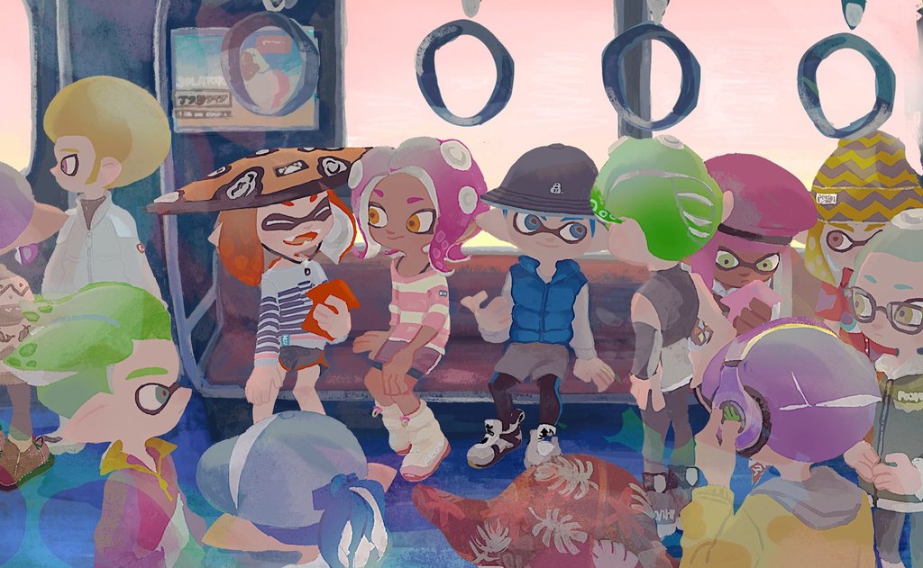 0069_1111 4girls 6+boys afro beanie blue_hair cellphone dark_skin fangs glasses green_hair hat headphones hood hoodie inkling looking_at_another multiple_boys multiple_girls octoling open_mouth orange_hair phone pink_hair pointy_ears purple_hair short_shorts shorts sitting skirt smartphone smile splatoon_(series) splatoon_2 standing sun_hat tentacle_hair train_interior window