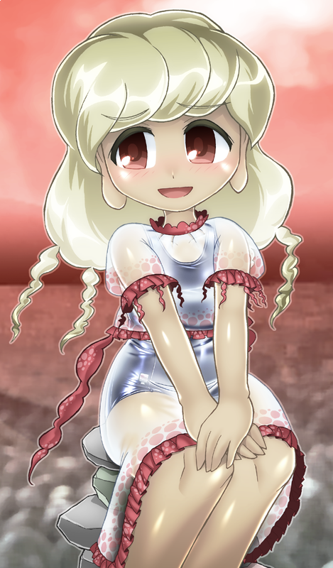 1girl :d bangs blonde_hair blurry commentary_request dark_skin depth_of_field dress earlobes ebisu_eika eyebrows_visible_through_hair feet_out_of_frame frilled_skirt frilled_sleeves frills hands_on_own_knees legs_together looking_to_the_side old_school_swimsuit open_mouth own_hands_together puffy_short_sleeves puffy_sleeves red_eyes red_sky rock sanzu_river school_swimsuit see-through short_sleeves sitting sitting_on_rock skirt sky smile solo swimsuit swimsuit_under_clothes touhou white_dress winn