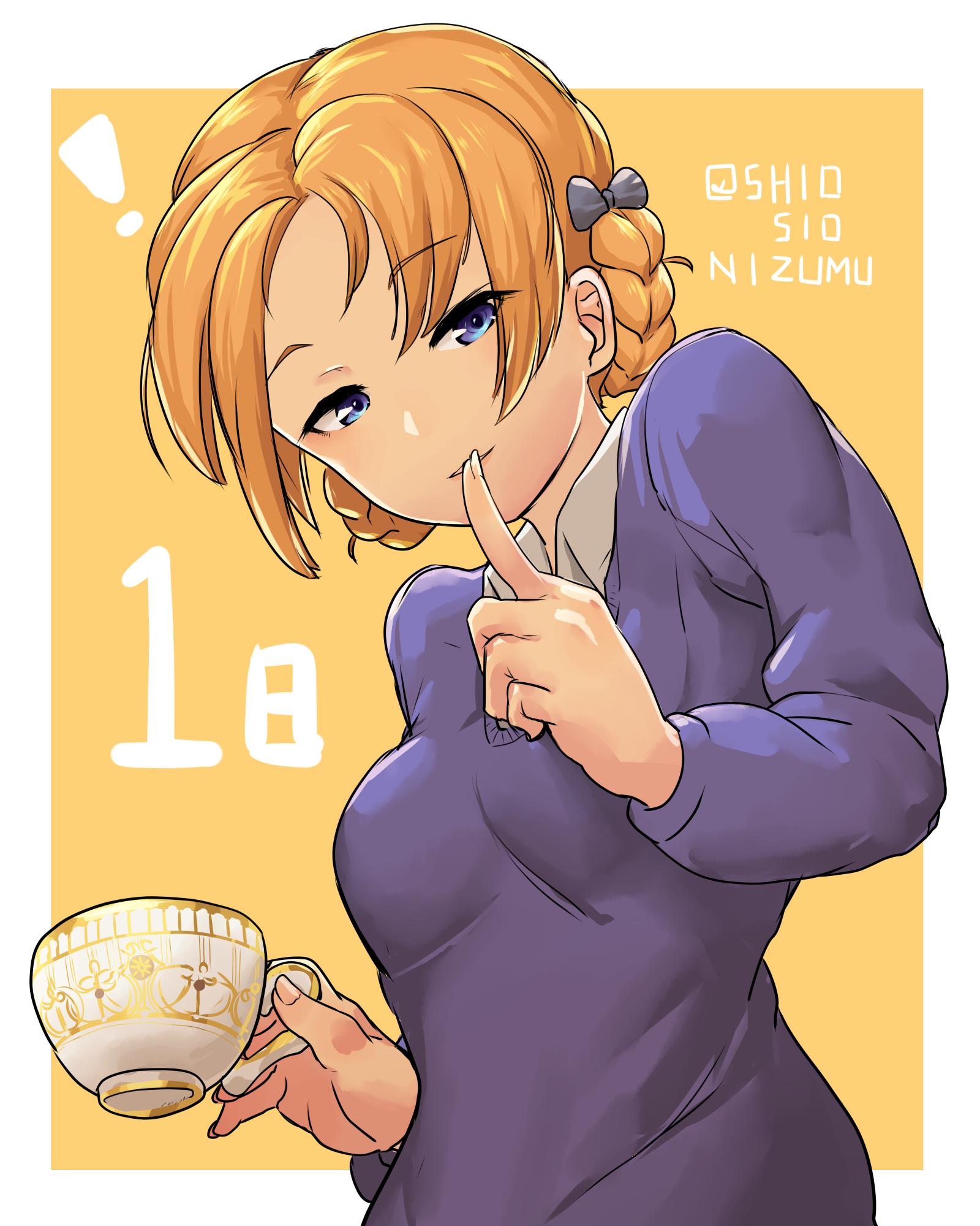 1girl bangs black_bow blue_eyes blue_sweater bow braid commentary_request countdown cowboy_shot cup dress_shirt eyebrows_visible_through_hair finger_to_mouth girls_und_panzer hair_bow half-closed_eyes highres holding holding_cup light_smile long_sleeves looking_at_viewer looking_down orange_background orange_hair orange_pekoe outside_border parted_bangs parted_lips school_uniform shio_nizumu shirt short_hair shushing solo st._gloriana's_school_uniform standing sweater teacup tied_hair twin_braids twitter_username v-neck white_shirt wing_collar