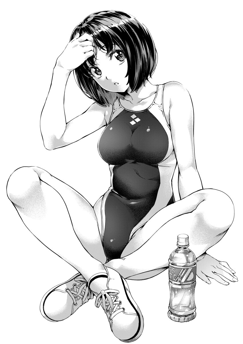 1girl arm_support bottle breasts competition_swimsuit covered_navel crossed_legs greyscale head_tilt highres looking_at_viewer medium_breasts monochrome nagayori no_socks one-piece_swimsuit original parted_lips shoes short_hair simple_background sitting sneakers solo swimsuit