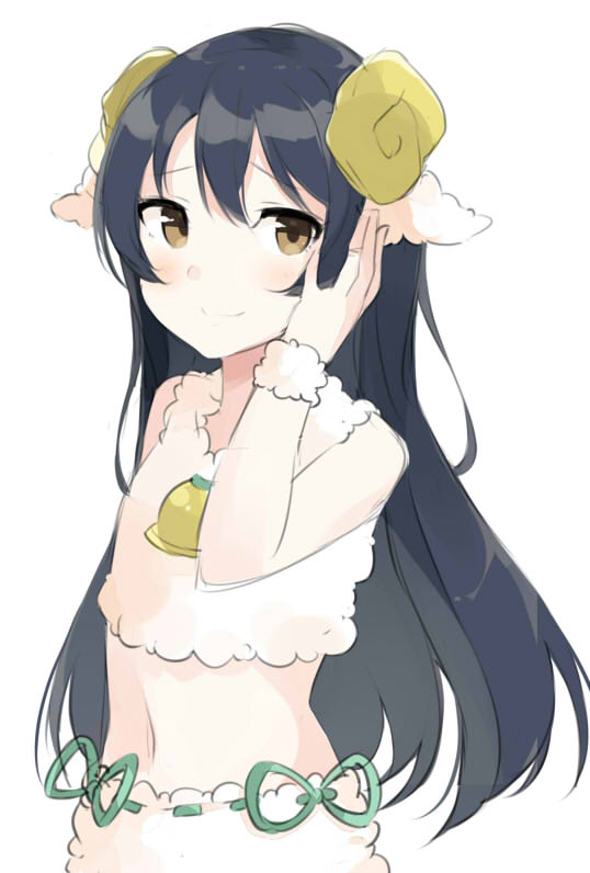 1girl animal_costume animal_ears bangs blue_hair blush commentary_request cosplay from_side fur_trim hair_between_eyes hand_on_own_face horns long_hair looking_at_viewer love_live! love_live!_school_idol_festival love_live!_school_idol_project minami_kotori minami_kotori_(cosplay) navel sheep_costume sheep_ears sheep_horns simple_background sleeveless smile solo sonoda_umi totoki86 white_background yellow_eyes