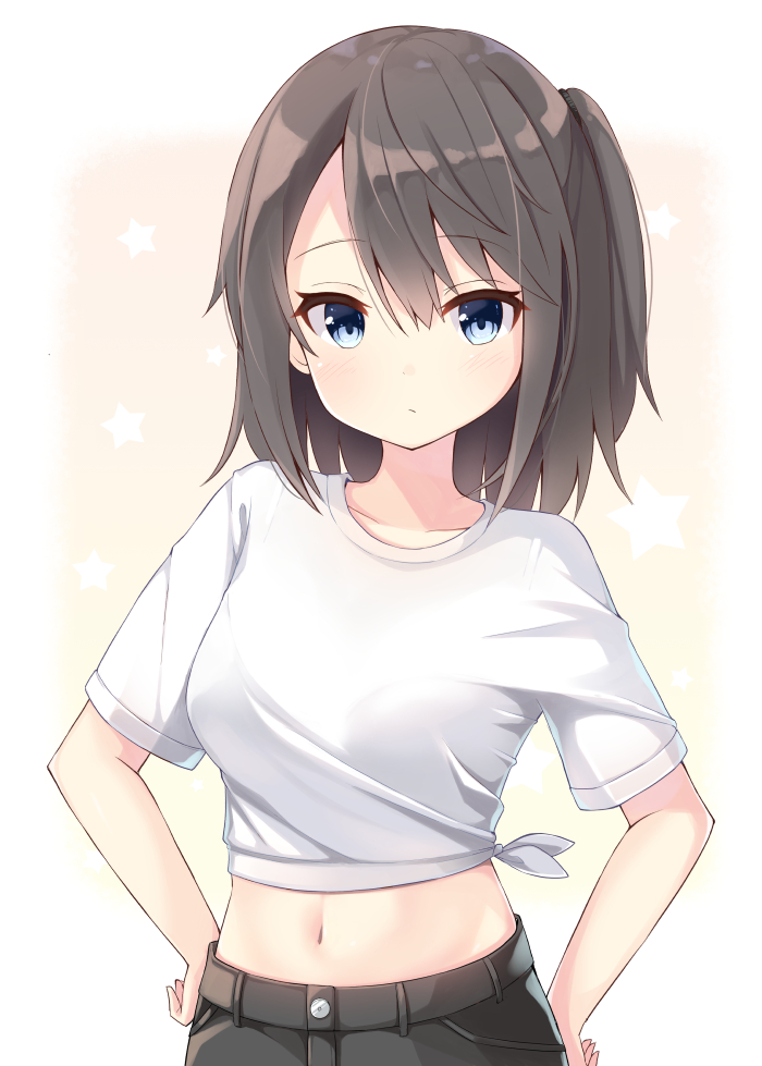 1girl bangs black_pants blue_eyes blush breasts brown_hair closed_mouth collarbone commentary_request eyebrows_visible_through_hair hair_between_eyes hands_on_hips long_hair looking_at_viewer midriff navel ominaeshi_(takenoko) one_side_up original pants shirt small_breasts solo star starry_background tied_shirt white_shirt