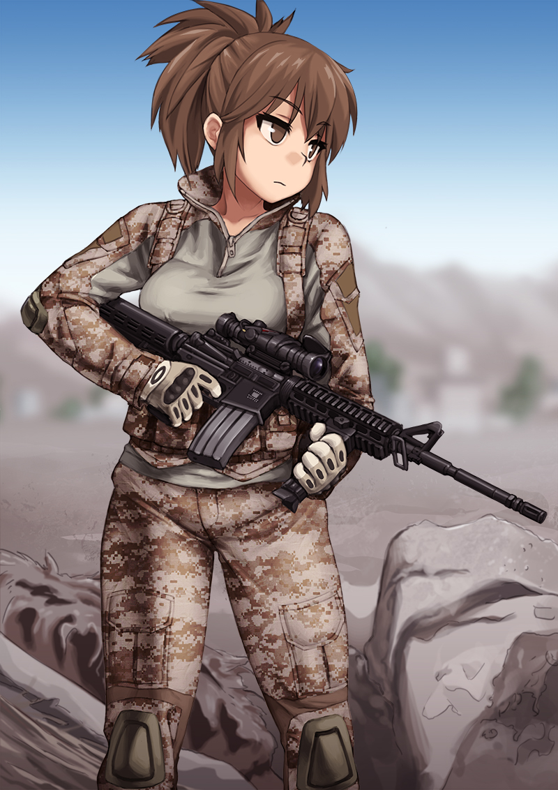 1girl assault_rifle blurry blurry_background brown_eyes brown_hair camouflage foregrip gloves gun havocker holding holding_gun holding_weapon m4_carbine military original outdoors ponytail rifle solo weapon