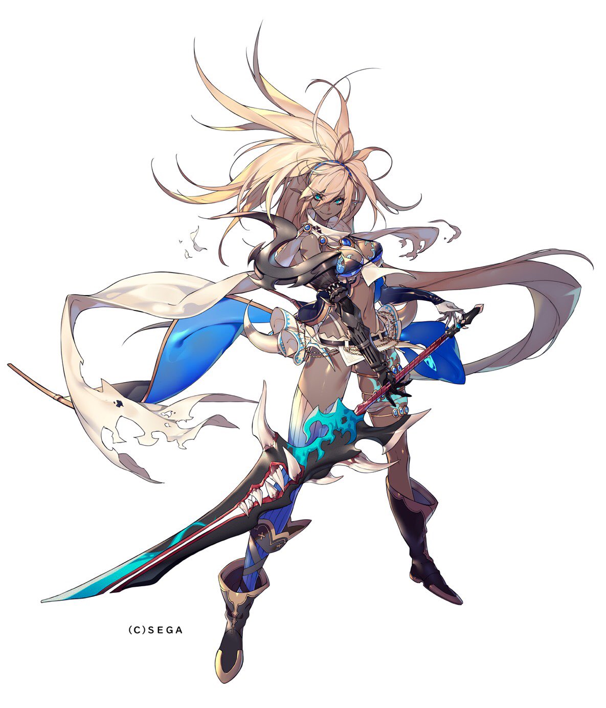 1girl belt bikini blonde_hair boots braid breasts dark_skin full_body gauntlets hachizowo hair_between_eyes hairband highres holding holding_sword holding_weapon idola_phantasy_star_saga long_hair official_art pointy_ears red_legwear simple_background single_braid smile solo swimsuit sword very_long_hair weapon white_background